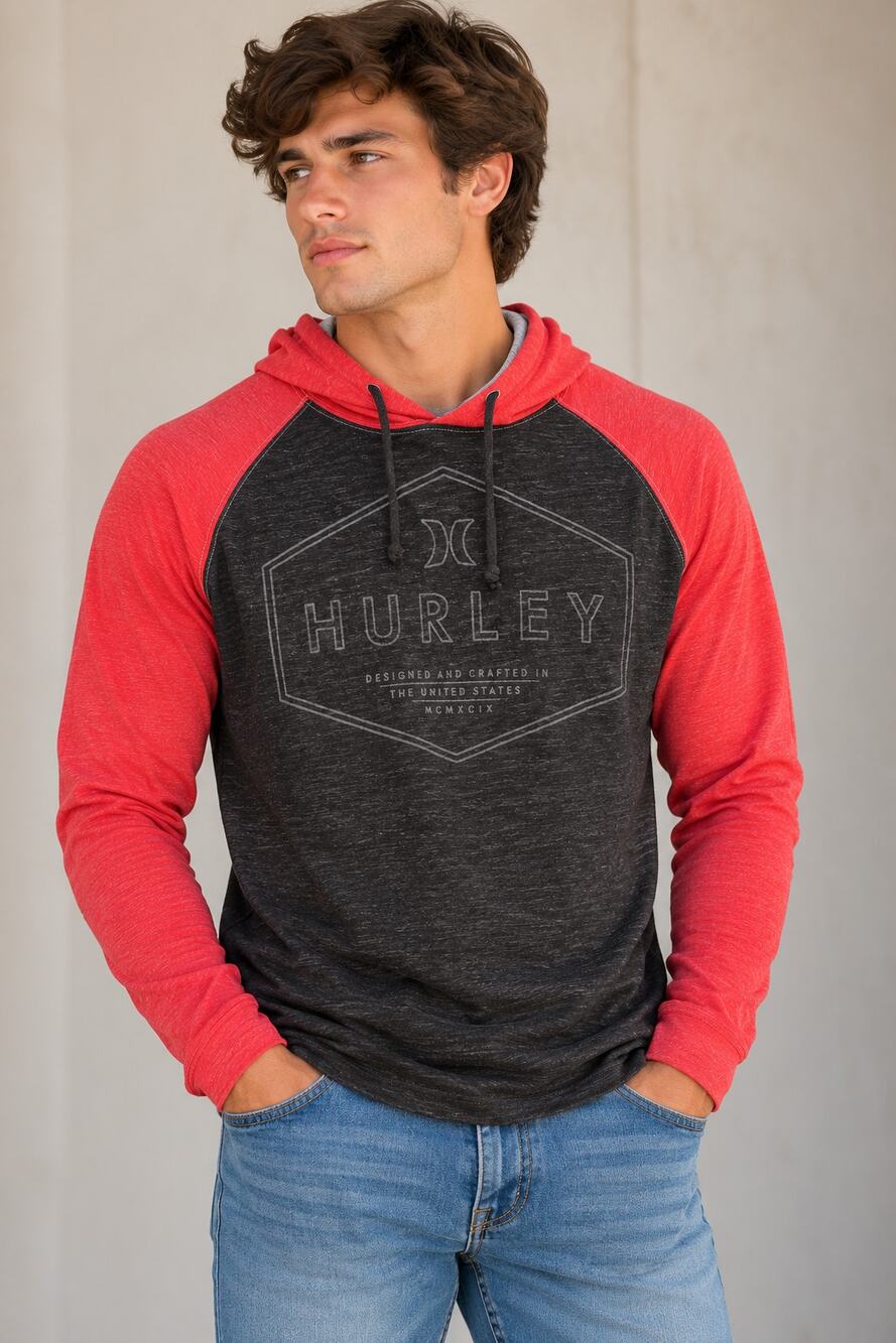 Hurley Men’s Colorblock Pullover Hoodie Medium Black Red